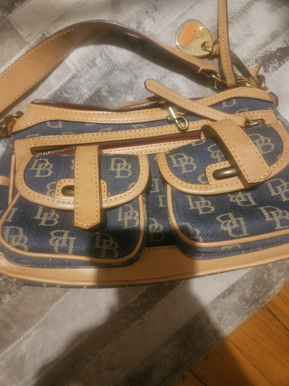 Dooney & Bourke Navy and Tan Monogram Pocket Crossbody